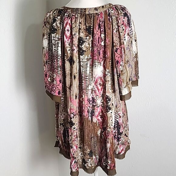 Roaman's Pink & Brown Buttondown Blouse with Brown Fringe Accent Hem, Size 14W - Picture 7 of 8